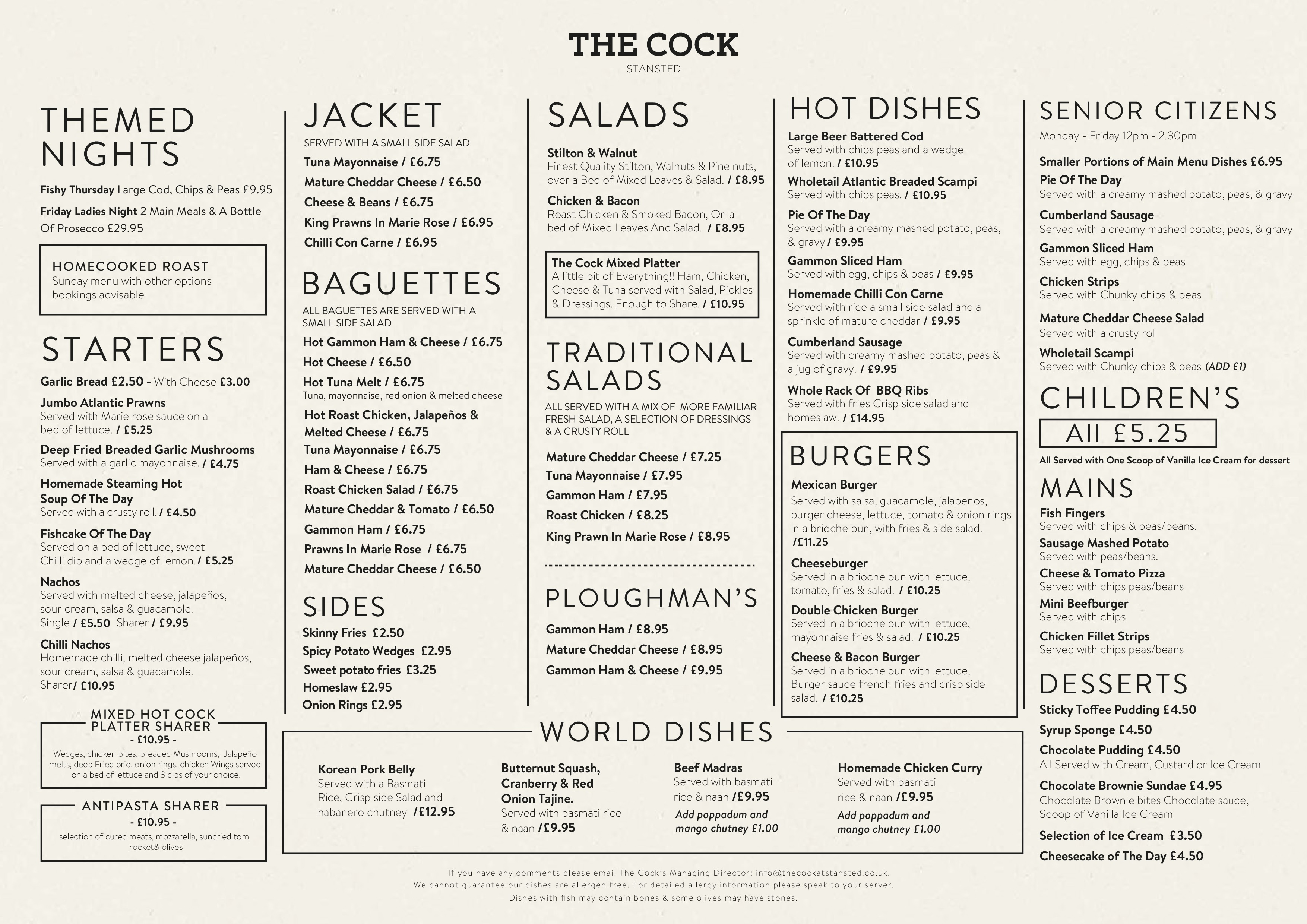 Menus The Cock at Stansted