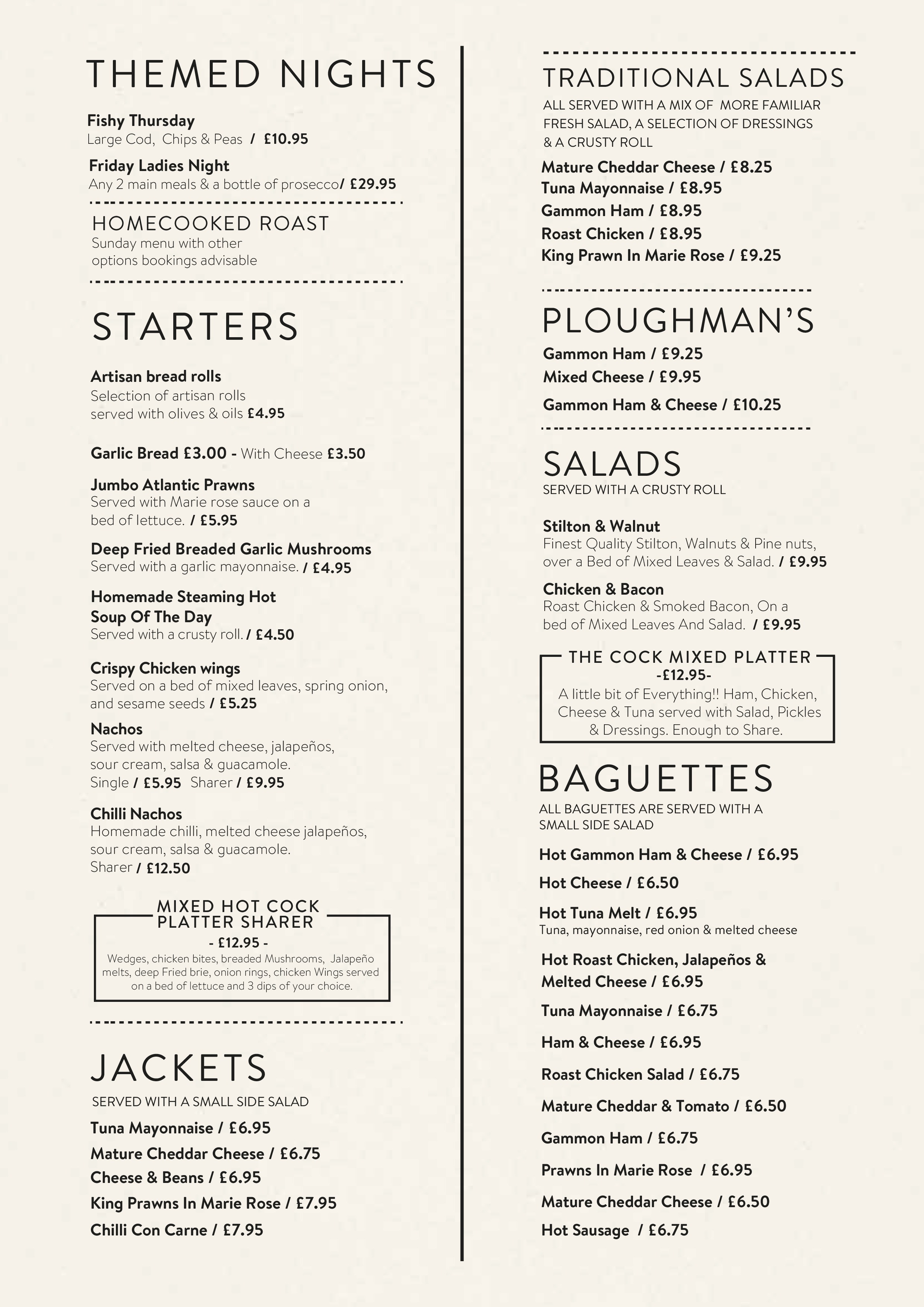 Menus The Cock at Stansted